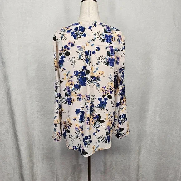 Adrianna Papell Blouse Womens Small Floral V Neck Long Sleeve Blue Yellow Top - Picture 3 of 11